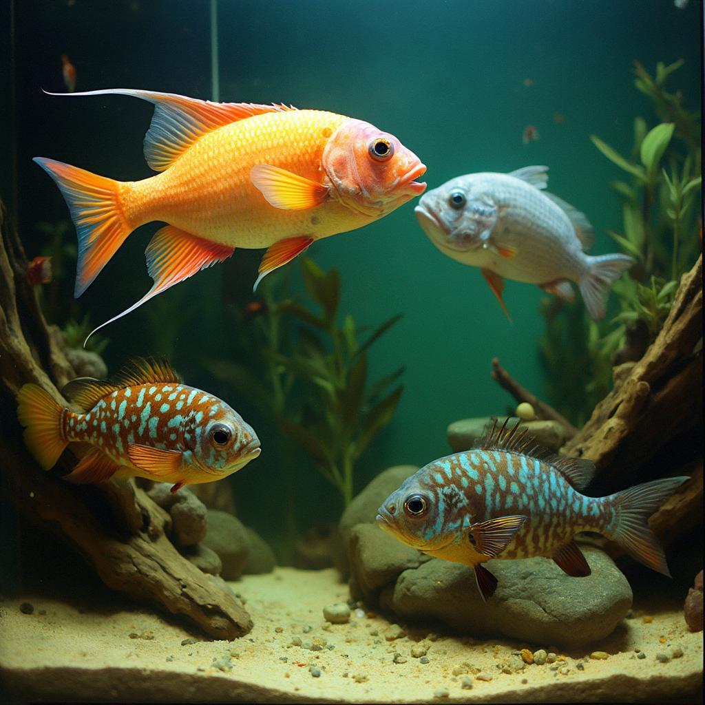 Parrot fish coexisting peacefully with other compatible fish species in a community tank.