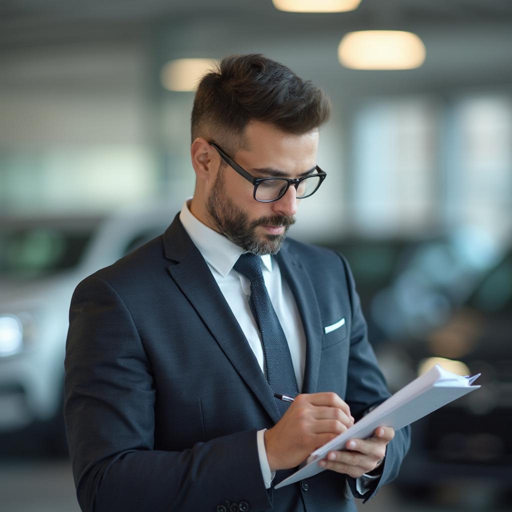 Car Salesperson Making Notes After a Cold Call