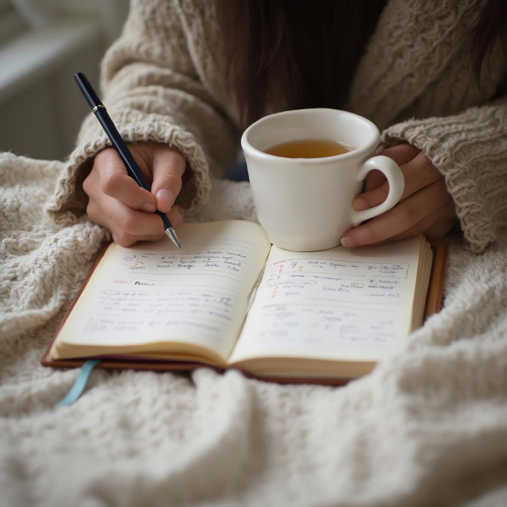 A person writing in a journal, planning their personalized self-care routine.