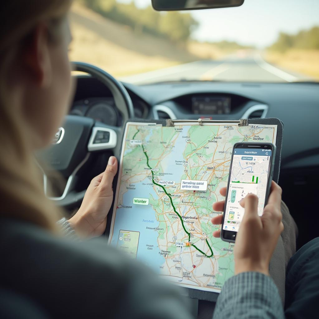 Planning road trip route with map and navigation