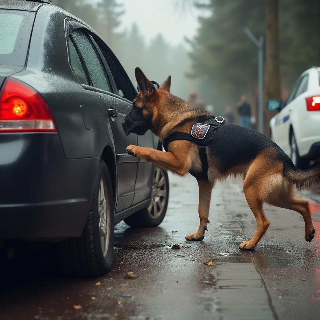 Police dog conducting a K9 search of a vehicle