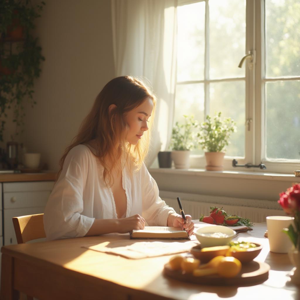 Woman starting her day with a healthy breakfast and journaling, demonstrating a mindful morning routine inspired by pop sugar self care tips.