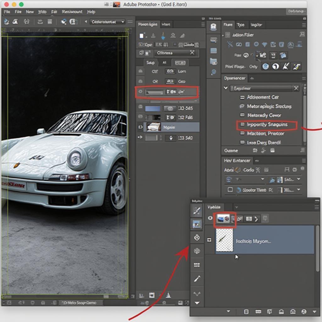 Post-processing a car studio image in Adobe Photoshop: Adjusting exposure, contrast, color balance, and retouching imperfections to create a polished final image.