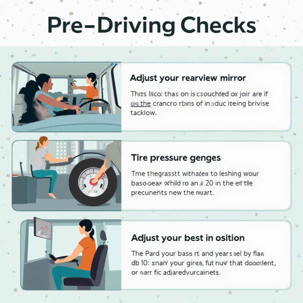 Pre-driving checks for beginner drivers including mirror adjustment, tire pressure check, and seat positioning.