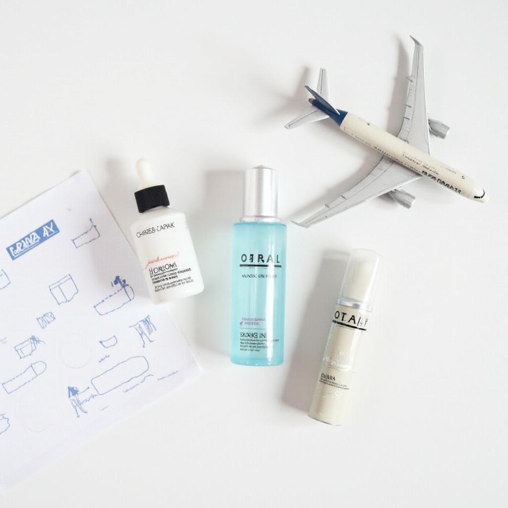 Pre-flight skincare routine essentials: cleanser, serum, moisturizer, and sheet mask.