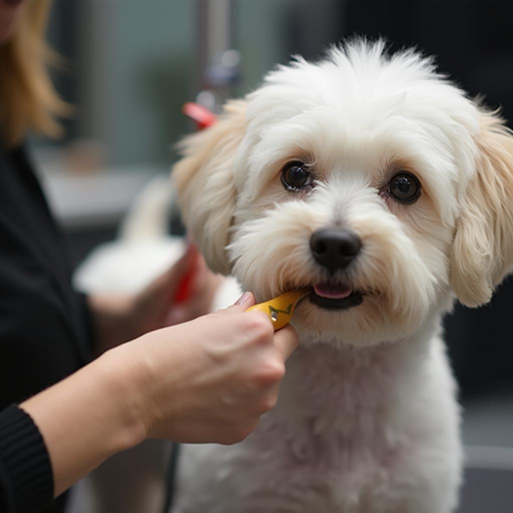 Dog being groomed with precise care