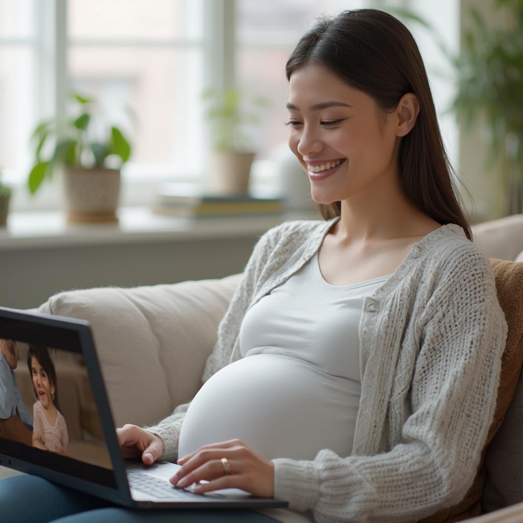 A pregnant woman watching a pregnancy care tips video in Hindi on her laptop