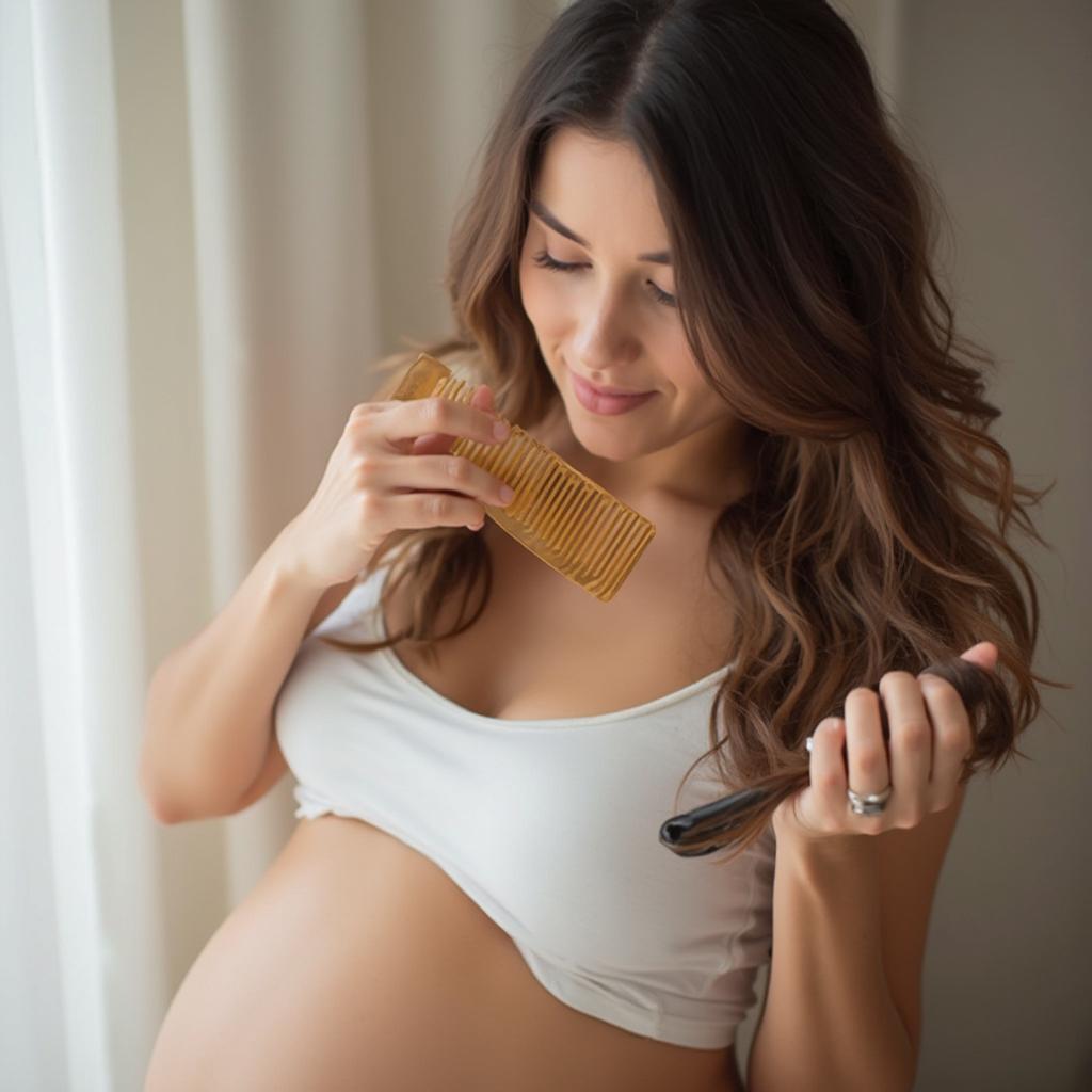 Pregnant woman gently brushing her hair to minimize breakage.