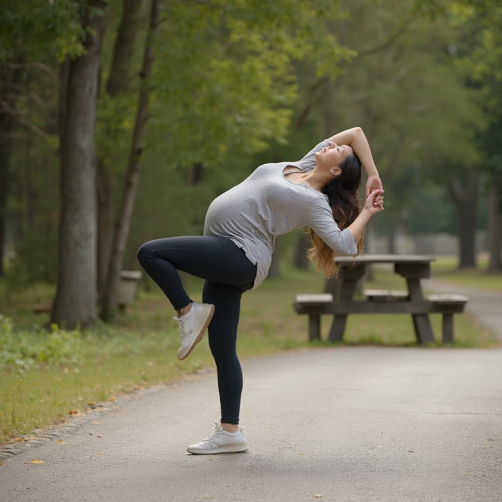 Pregnant Woman Stretching at a Rest Stop