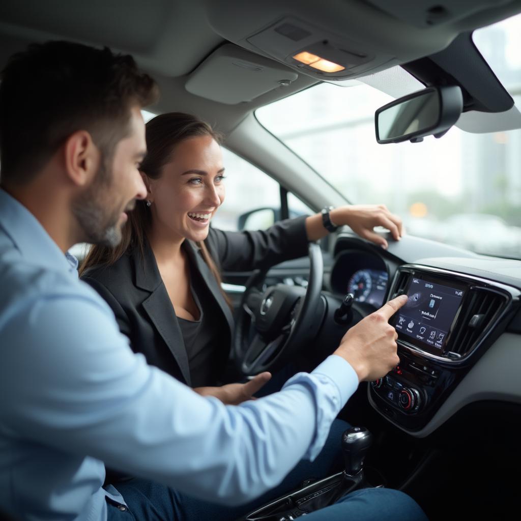 Salesperson demonstrating key features of a car