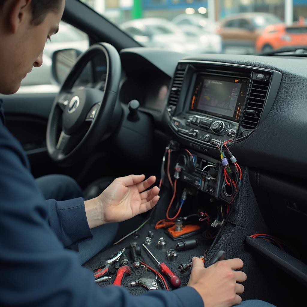 Professional car audio installation in a workshop.