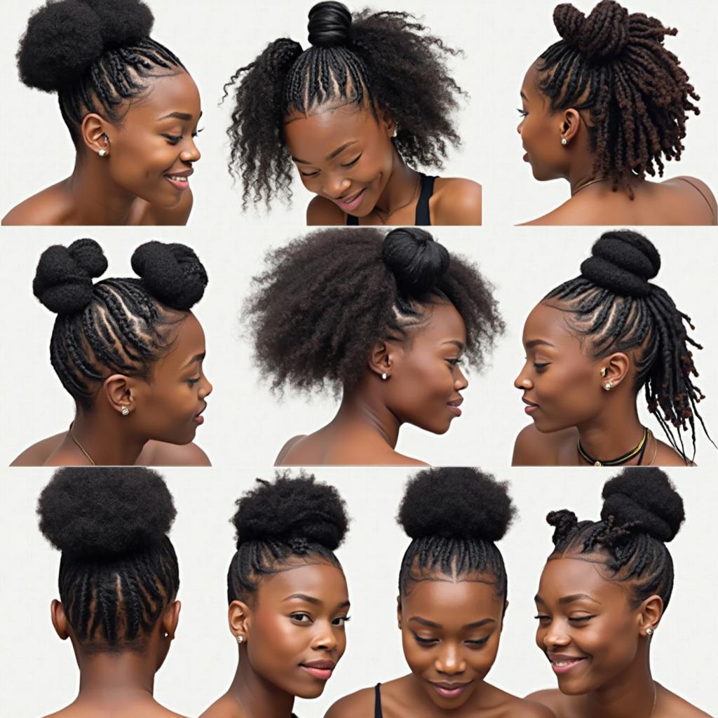 Various protective hairstyles for black hair, including braids, twists, and updos.