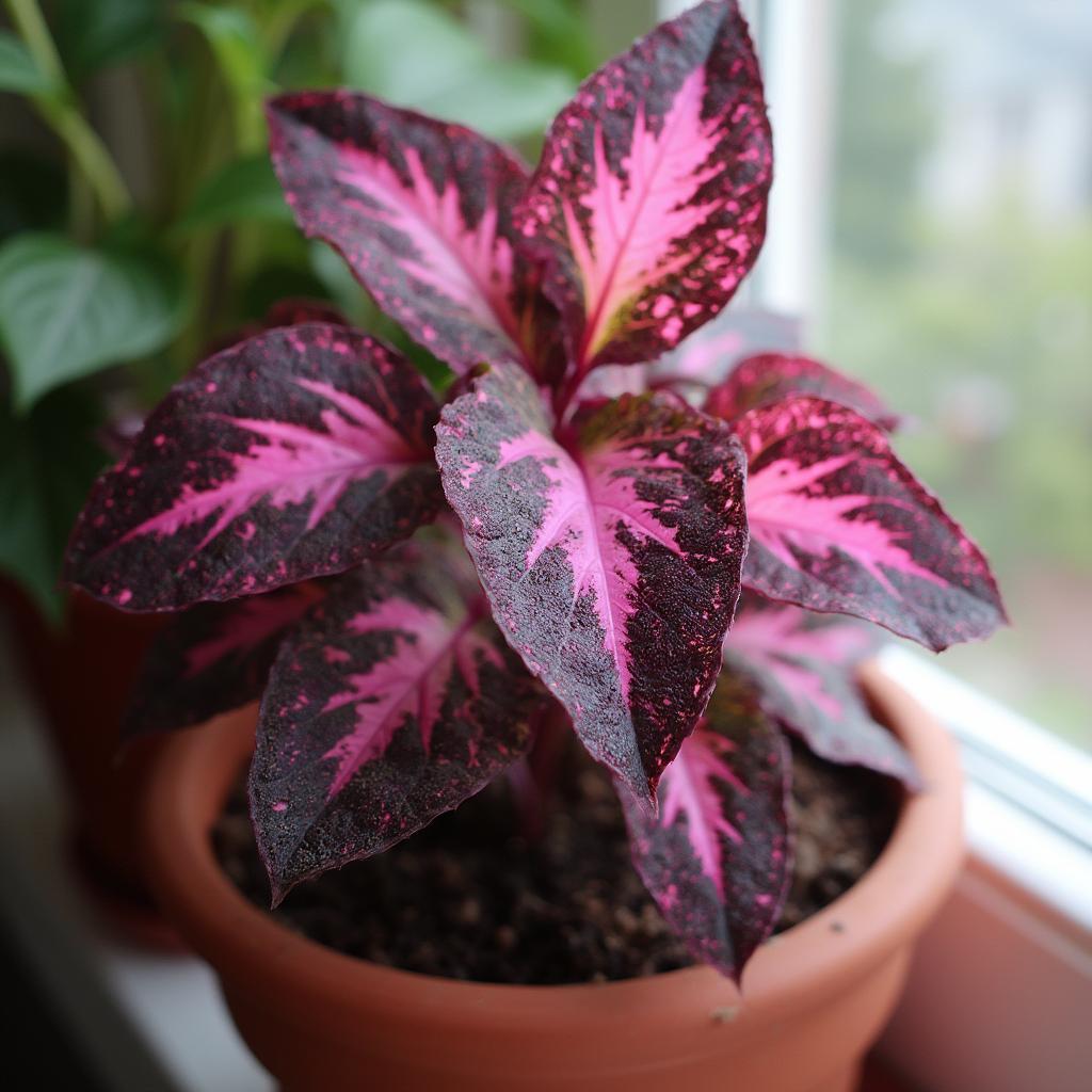 A healthy purple passion plant showcasing its vibrant, patterned leaves.