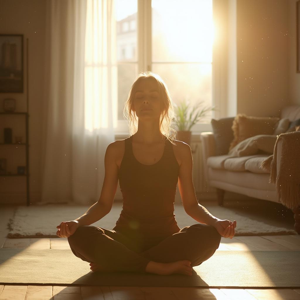 Woman meditating during quarantine for self-care