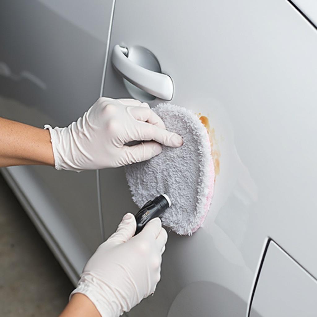 A person using a specialized cleaner to remove a stain from a white car.