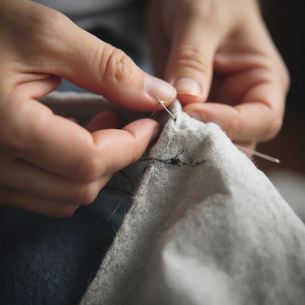 Repairing a small tear in a piece of clothing with needle and thread