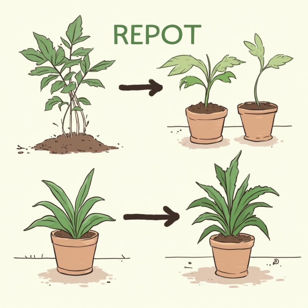 Repotting an indoor plant into a larger pot.