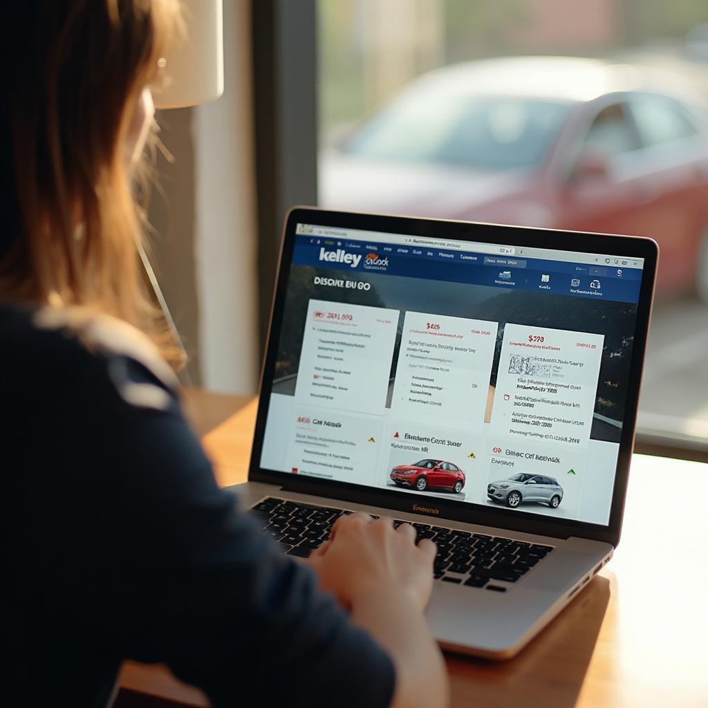 Researching used car prices online using a laptop