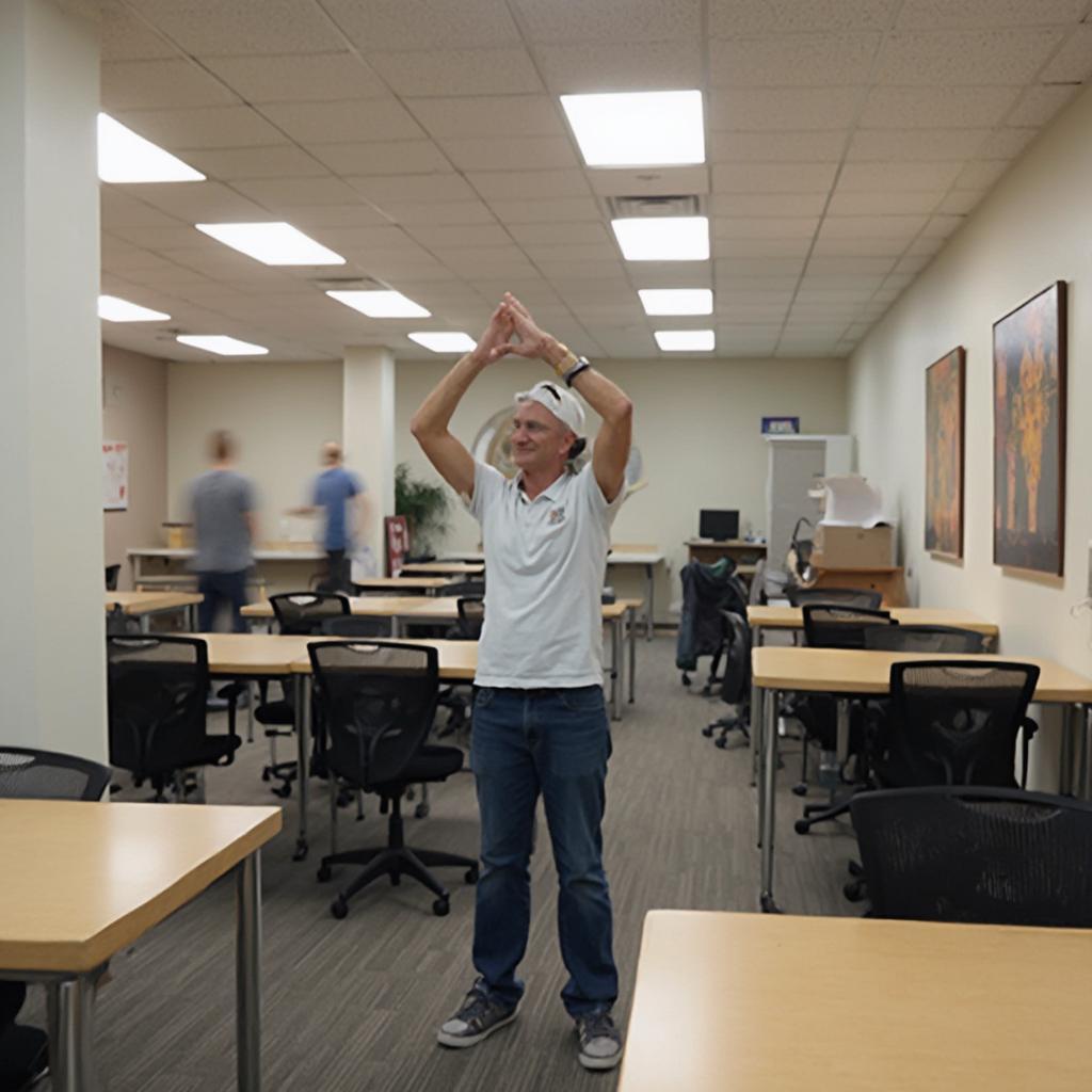 Retail employee stretching in the breakroom