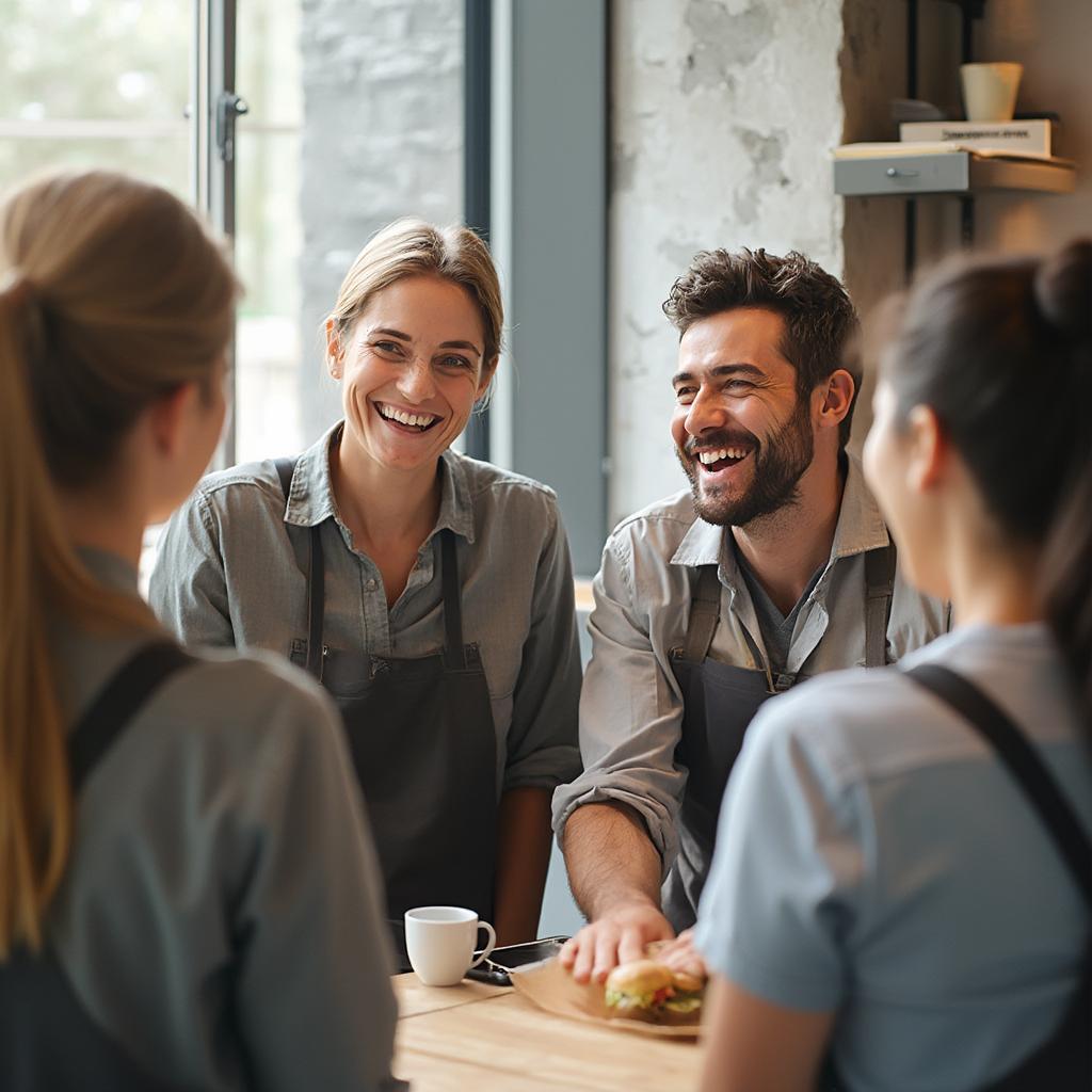 Retail workers laughing together on break