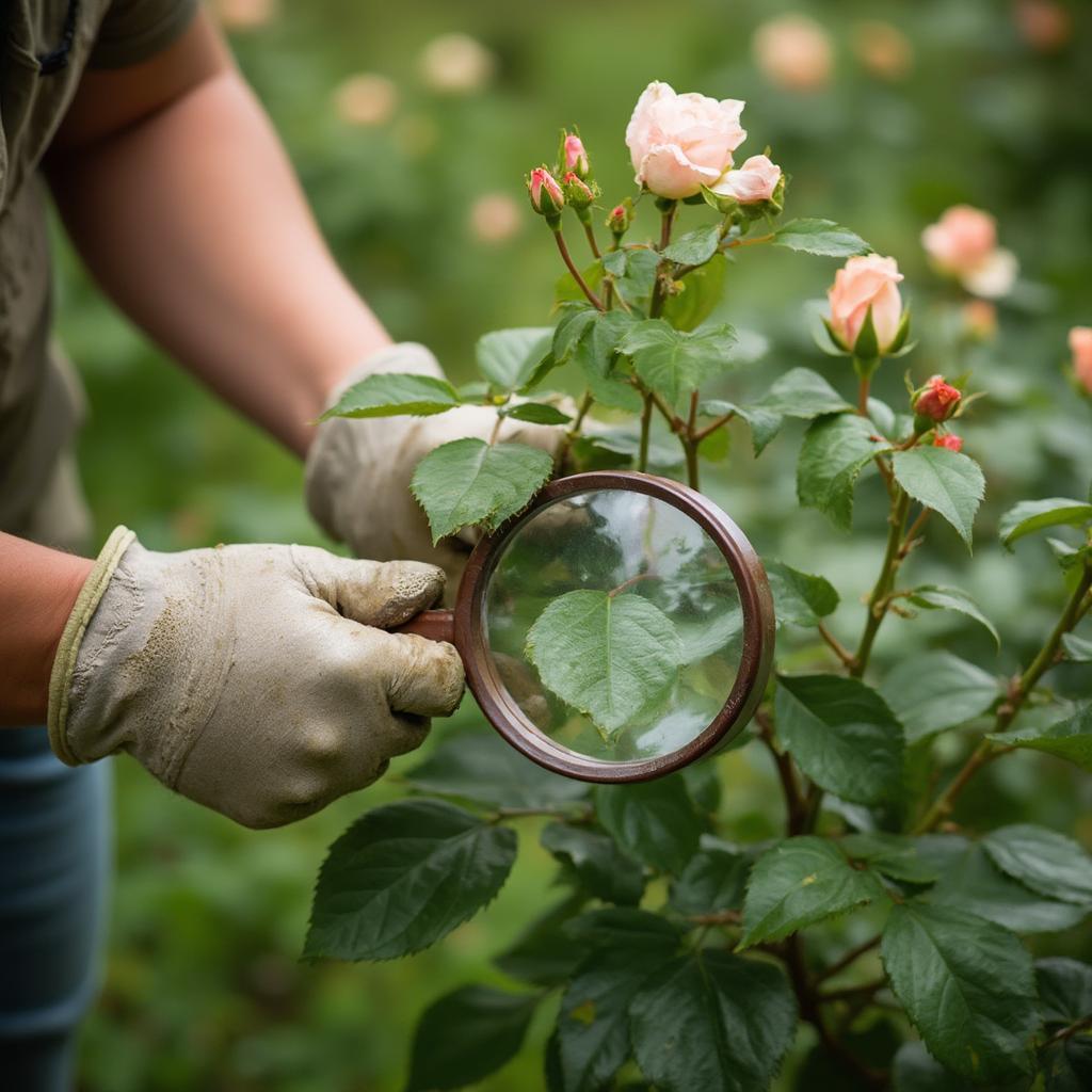 Inspecting a rose bush for pests and diseases