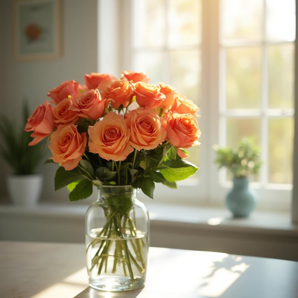 Roses arranged in a vase placed in a location with indirect sunlight, showcasing healthy blooms and foliage.