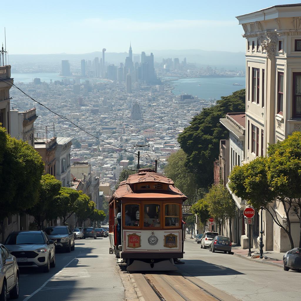 Iconic San Francisco Cable Car Climbing a Steep Hill with Cityscape in Background