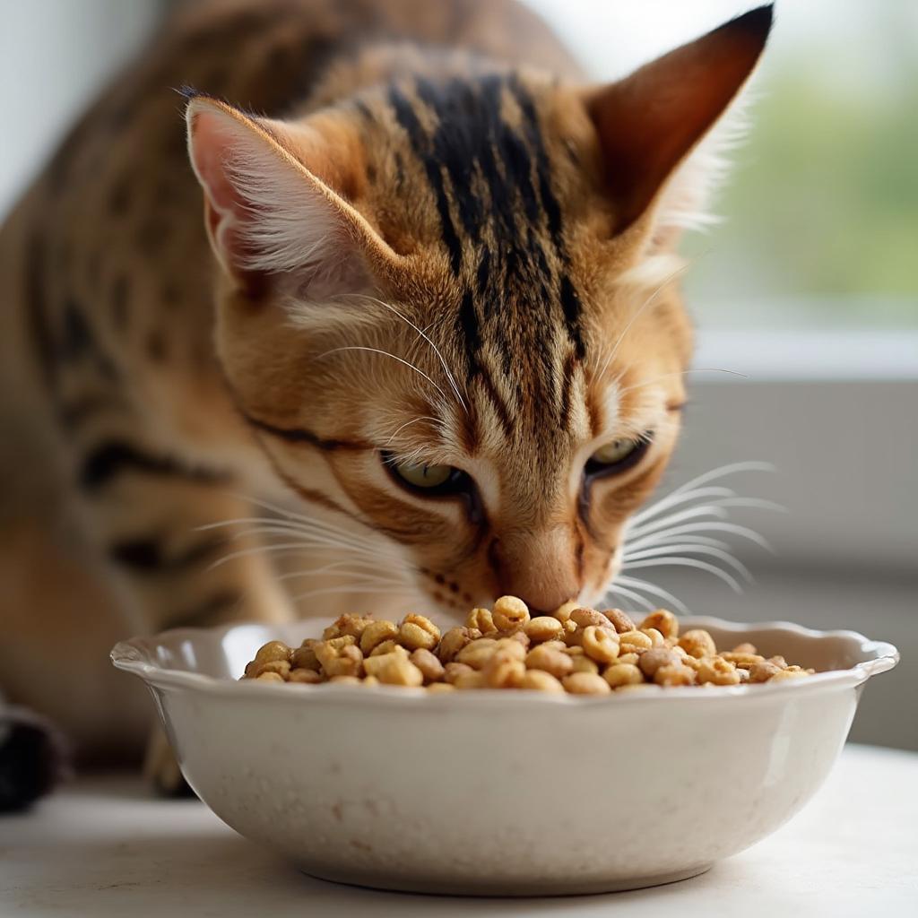 Savannah cat enjoying a meal of premium cat food