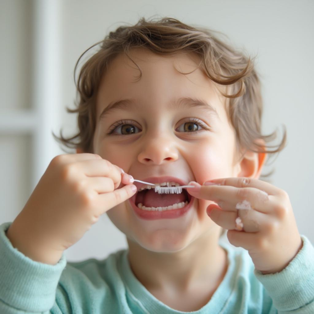 School-aged Child Flossing Teeth