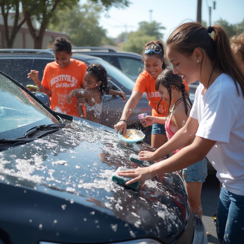 Students enthusiastically washing a car at a school fundraiser.