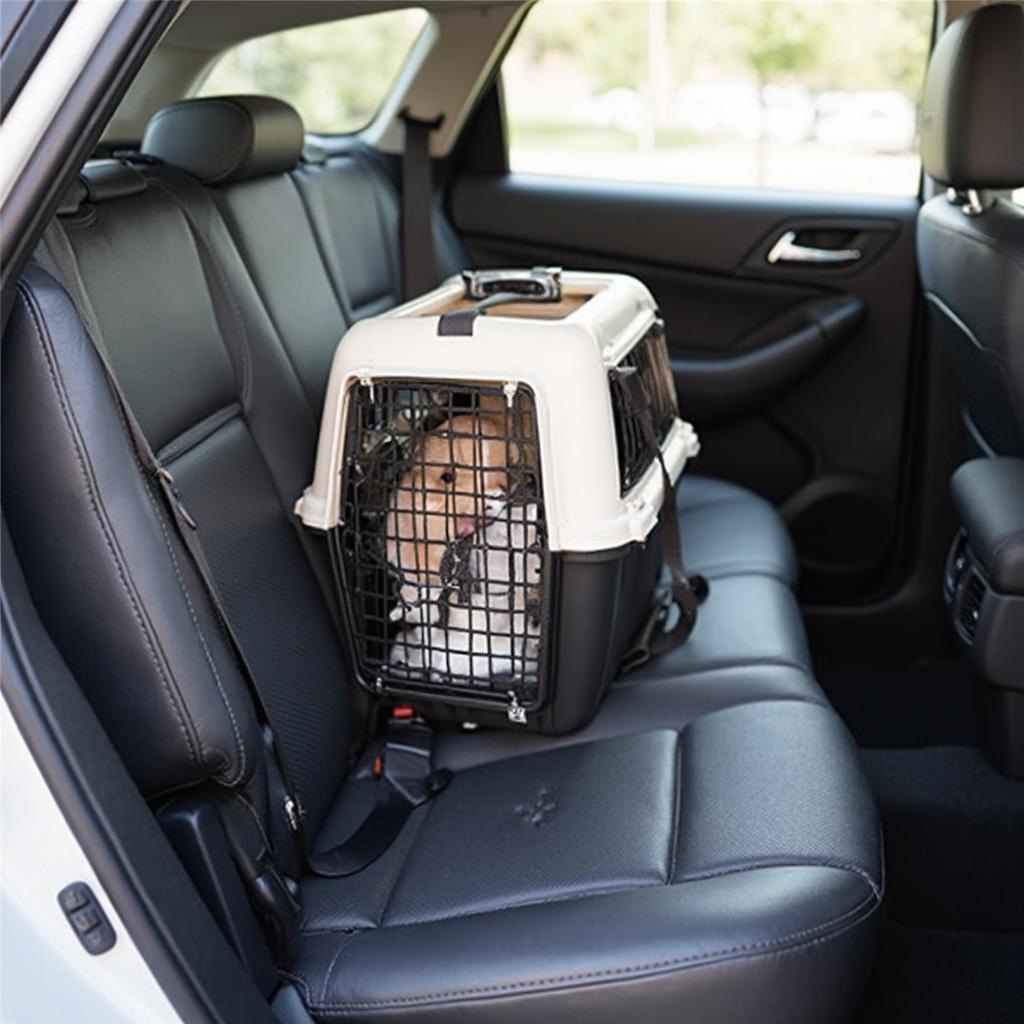 Secure cat carrier placed in the back seat of a car during a road trip