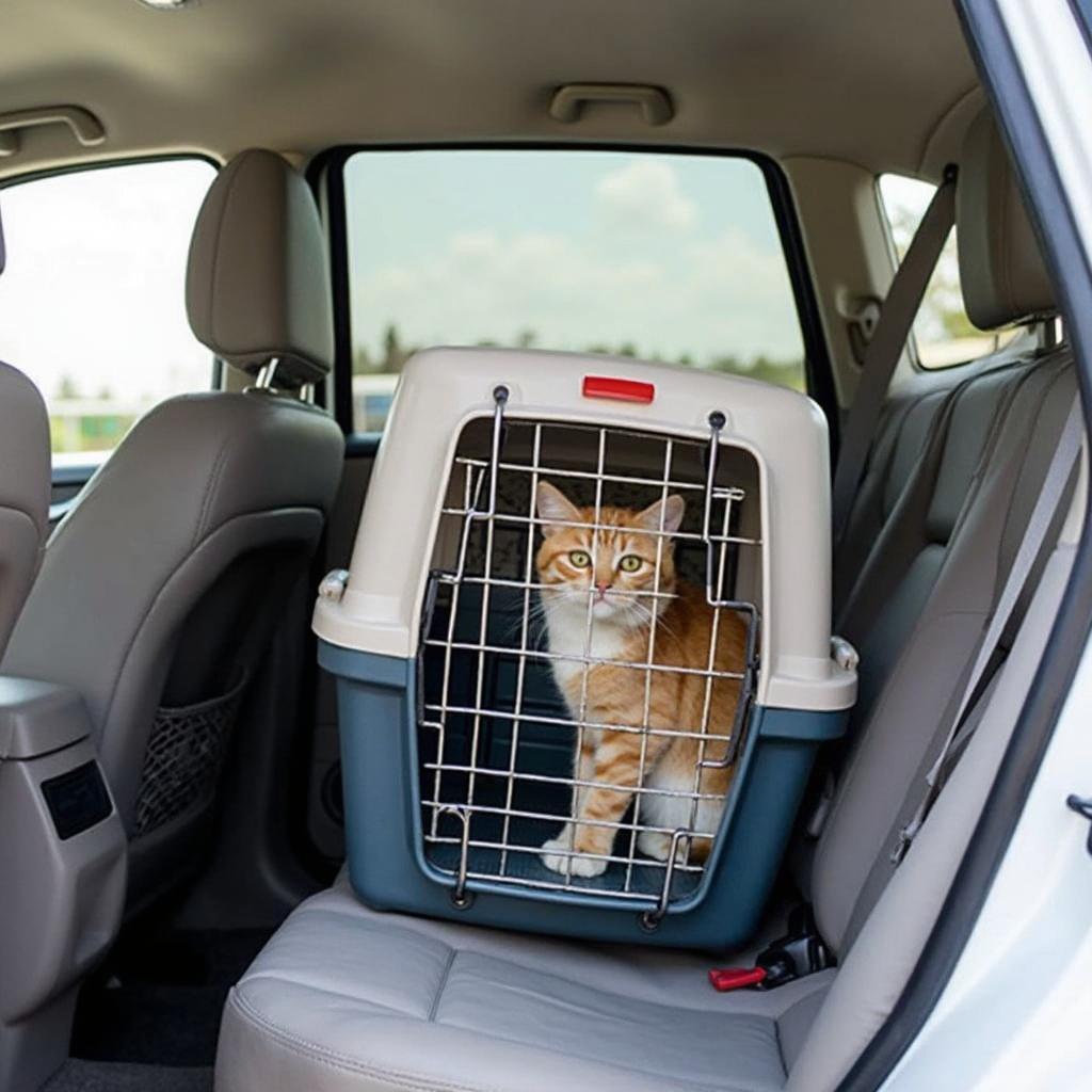 Cat carrier securely fastened in a car using a seatbelt