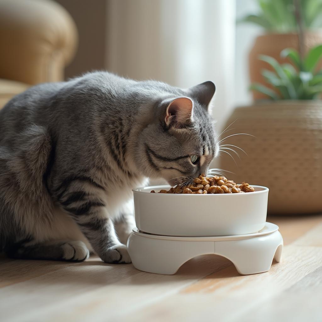 Senior Cat Enjoying a Meal from a Bowl