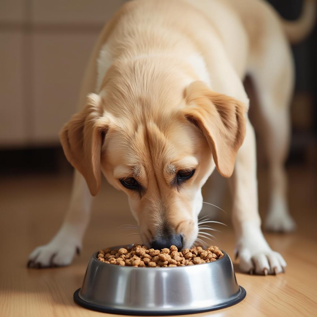 A senior dog eating a specially formulated senior dog food from its bowl.