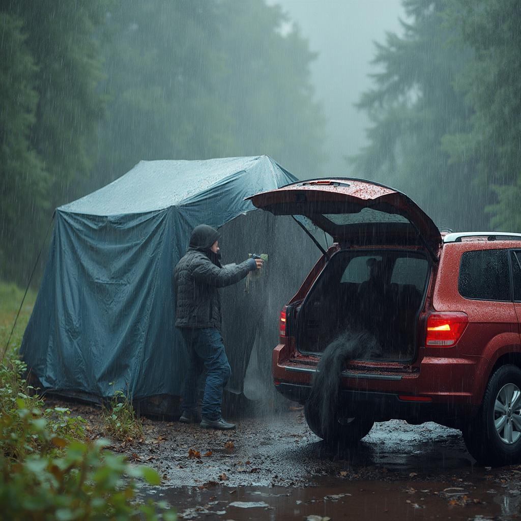 Setting up Camp During Rain