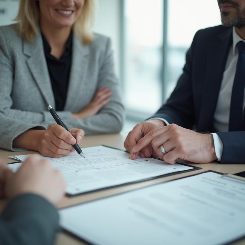 Signing a contract at a car dealership