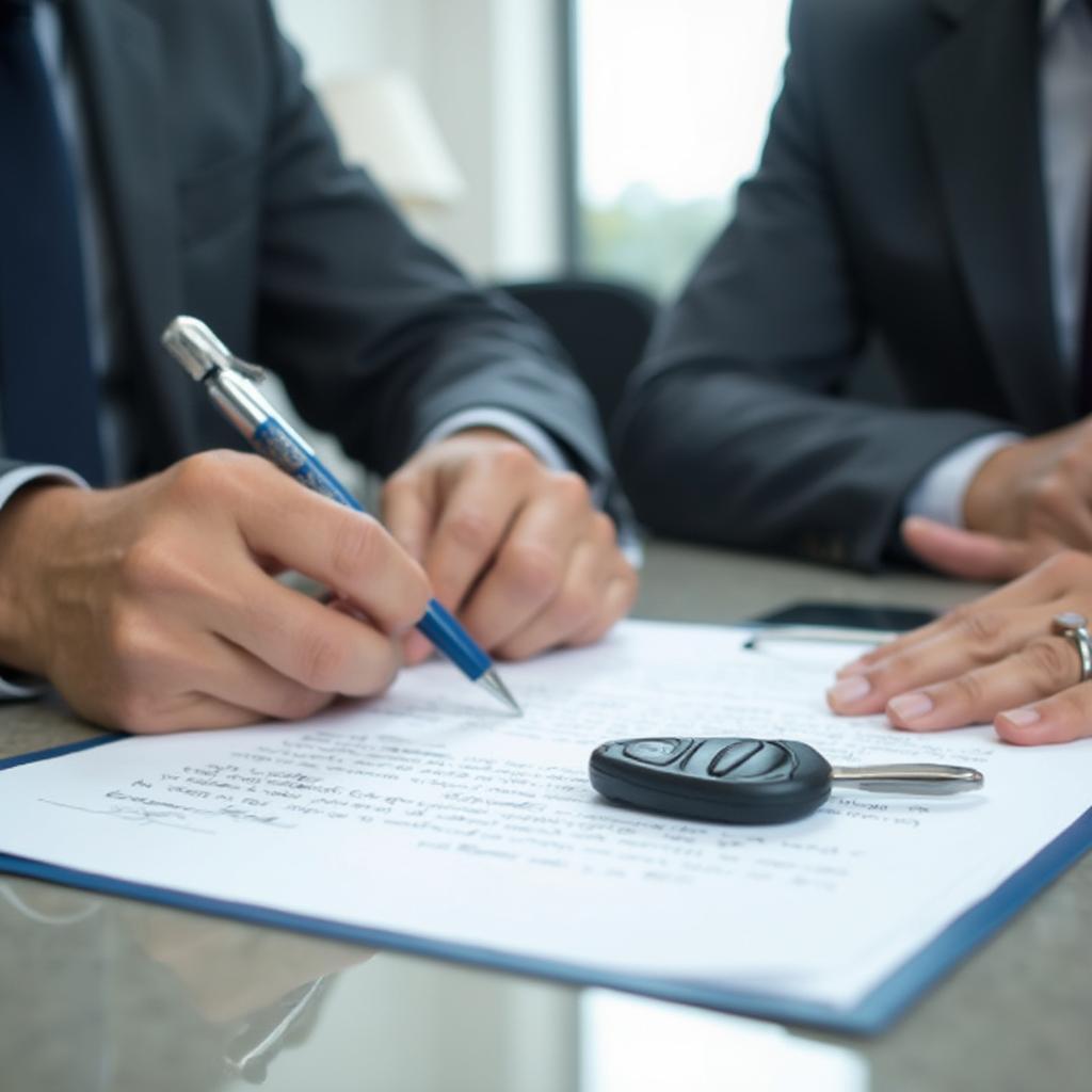 Signing a car purchase agreement at a dealership