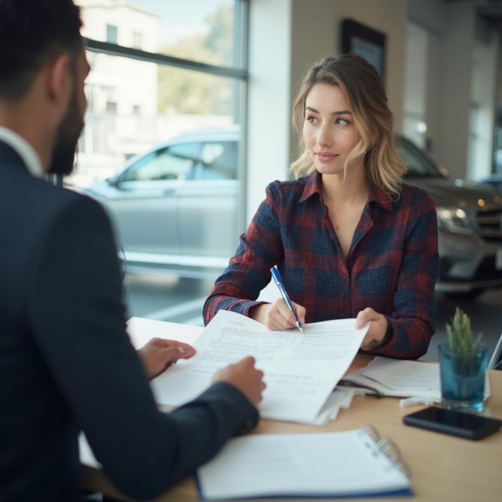 Signing New Car Paperwork at Dealership