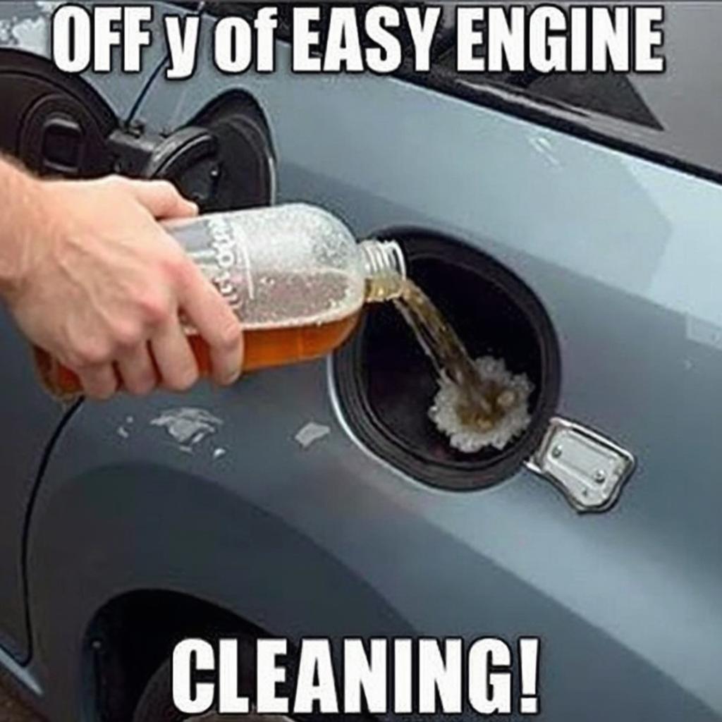 Dangerous car maintenance meme depicting pouring soda into a gas tank