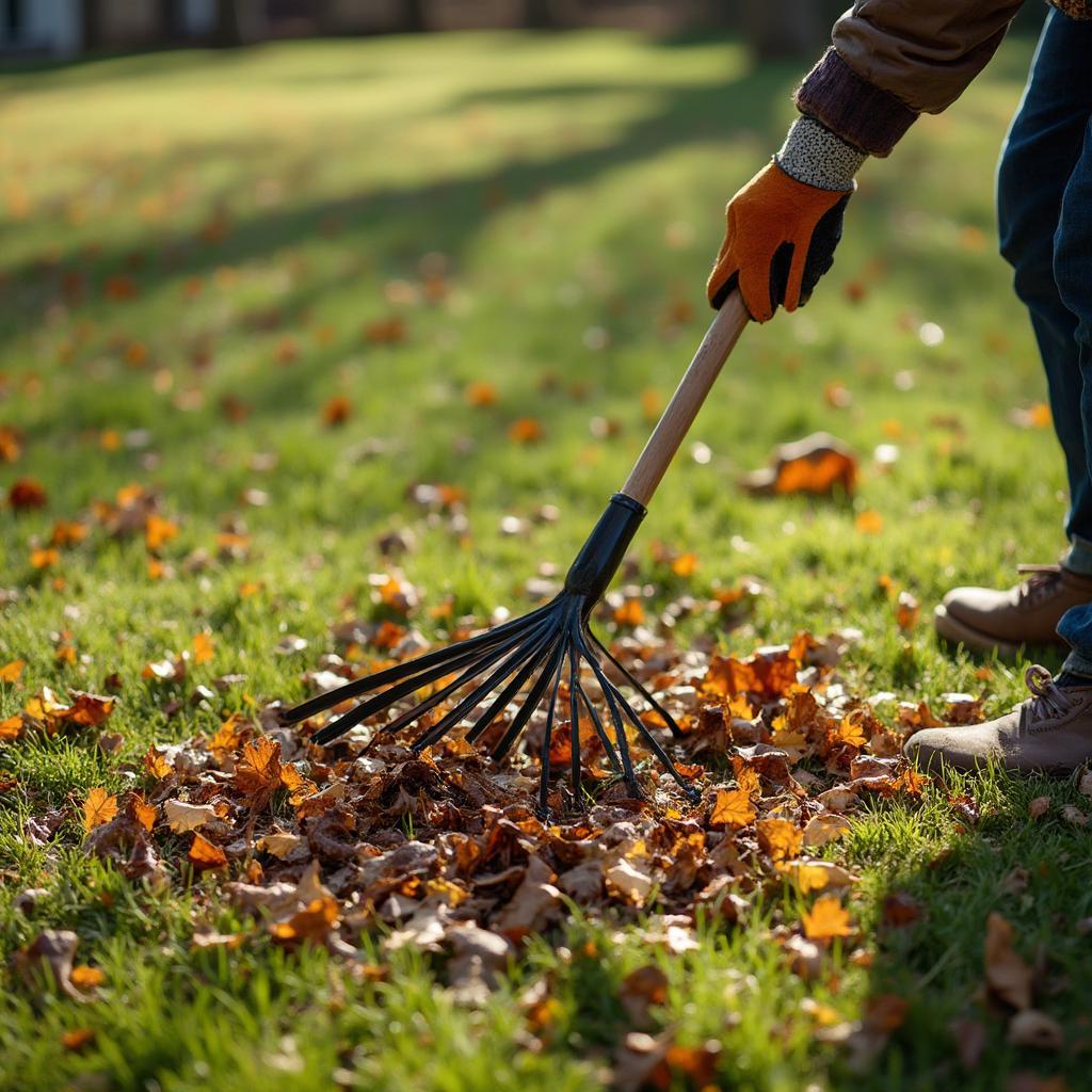 Spring Lawn Cleanup: Raking leaves and debris from a lawn to prepare for spring growth.