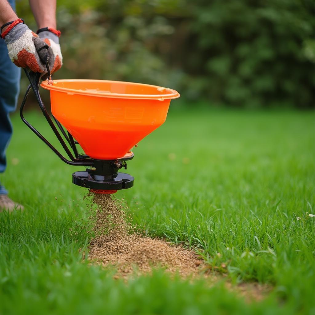 Spring Lawn Fertilizing: A person spreading fertilizer on their lawn using a spreader.