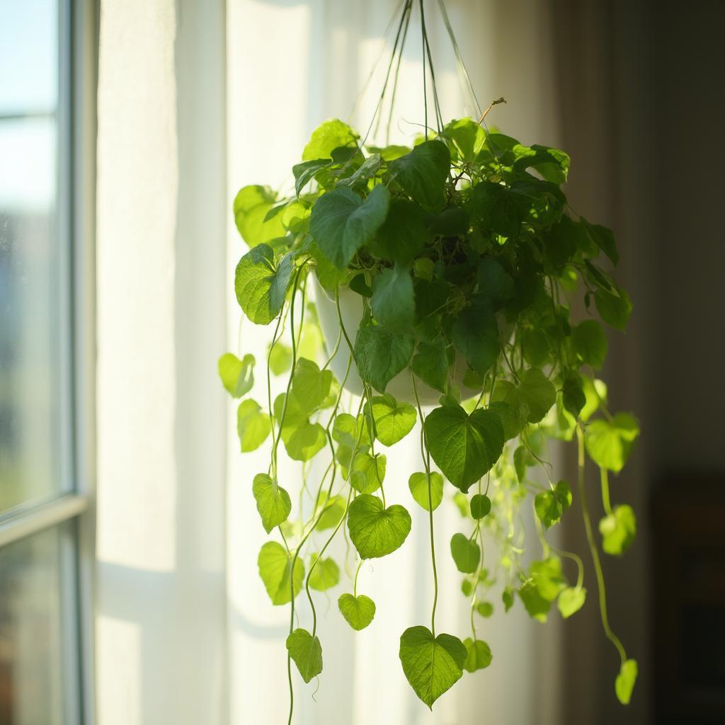 String of hearts thriving in bright, indirect light near a window