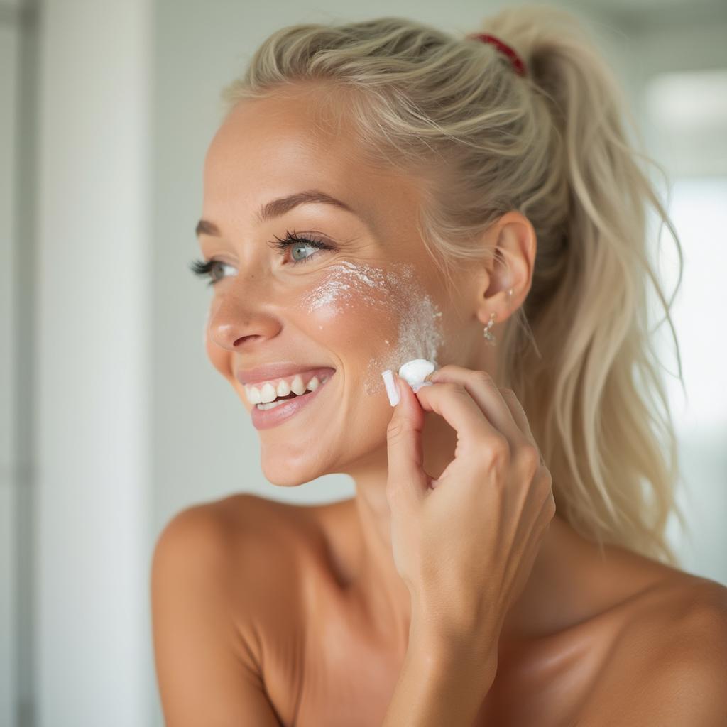 Stripper applying moisturizer to her face and neck