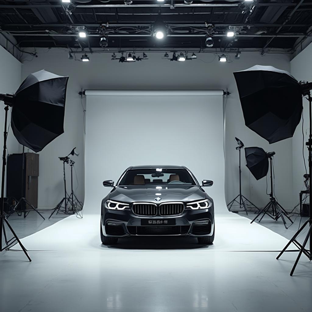 Car Studio Photography Setup: A spacious studio with backdrop system, lighting equipment, and a car positioned for optimal lighting and angles.