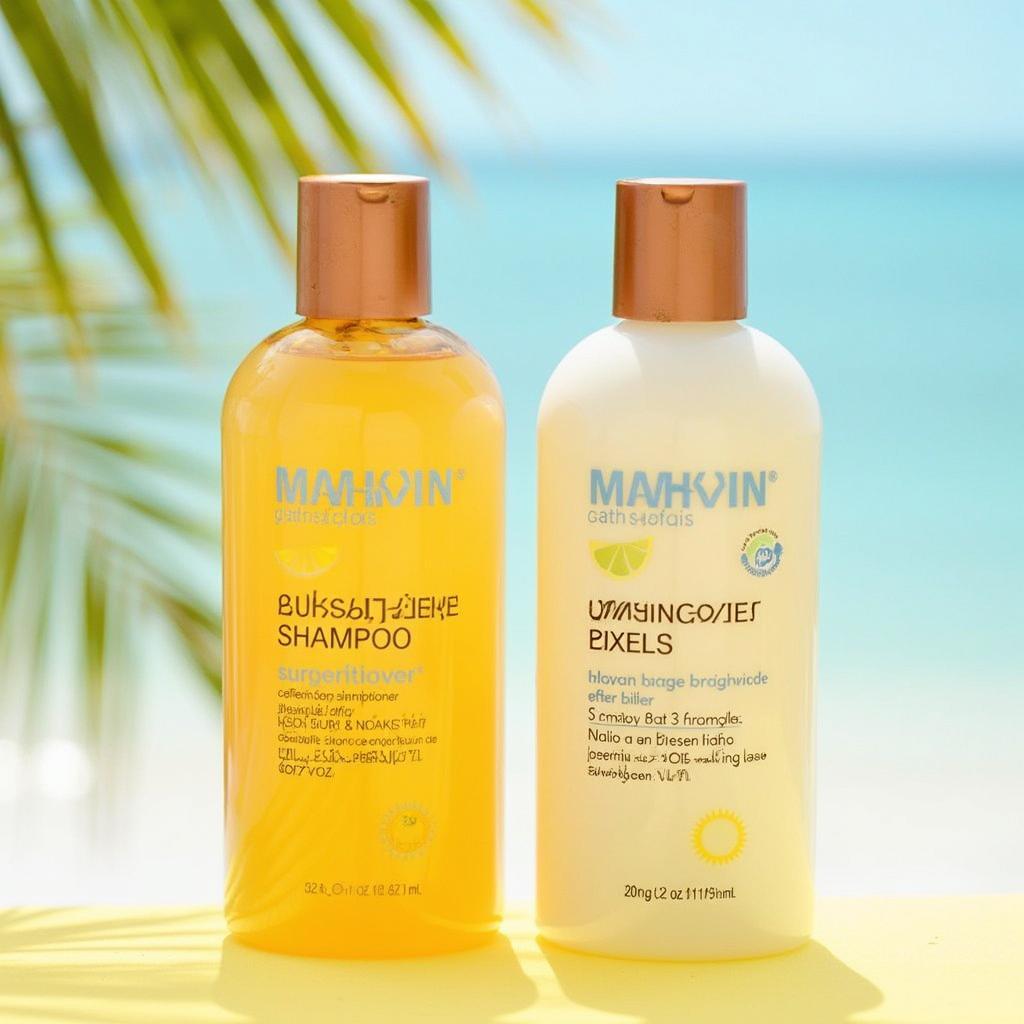 Bottles of sulfate-free shampoo and conditioner for summer hair care