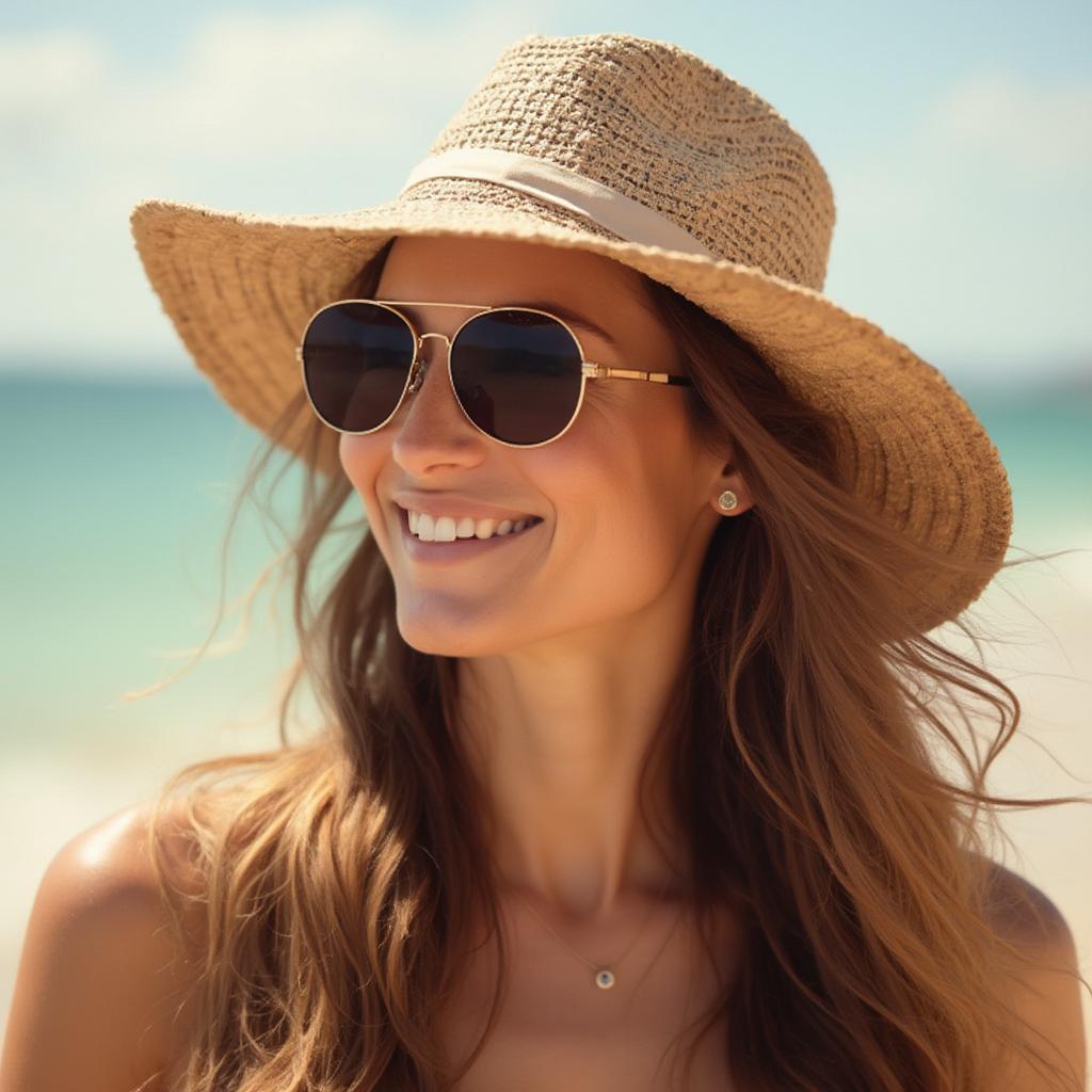 Woman wearing a wide-brimmed hat and sunglasses to protect her hair from the sun