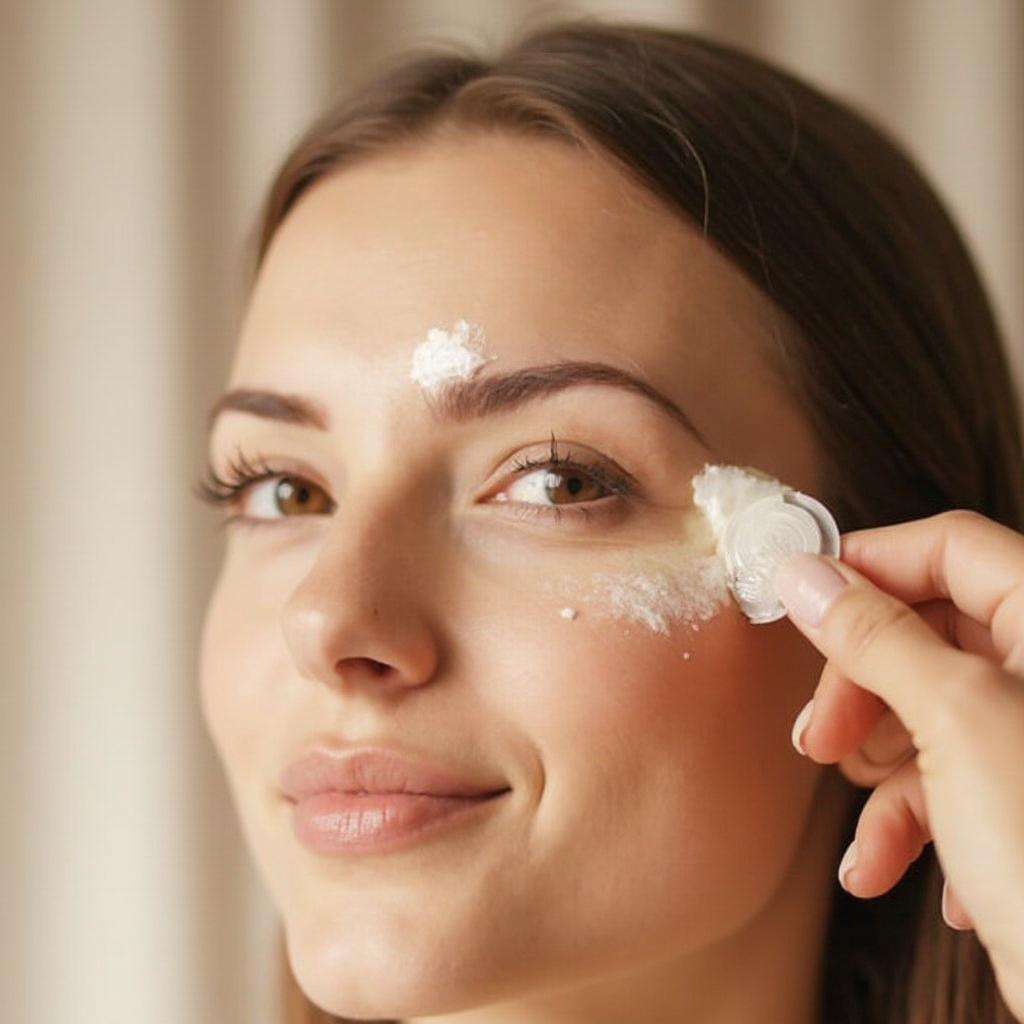 Applying sunscreen to protect eyebrows after threading.