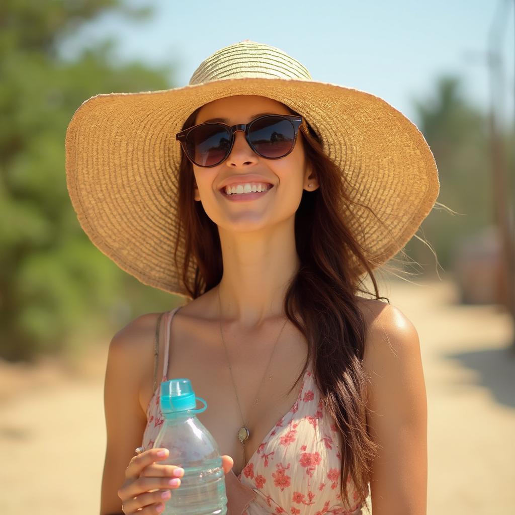 Woman shielding her face from the sun with a hat and sunglasses in Tamil Nadu