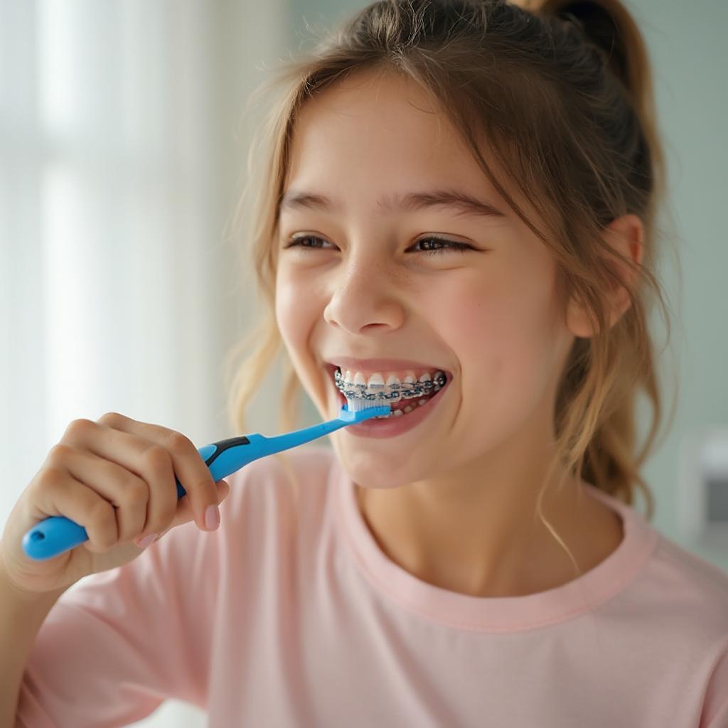 Teenager brushing teeth with braces