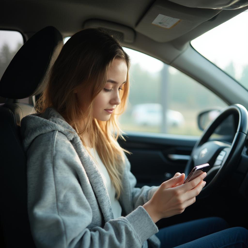 Teenage driver looking at car insurance information on phone